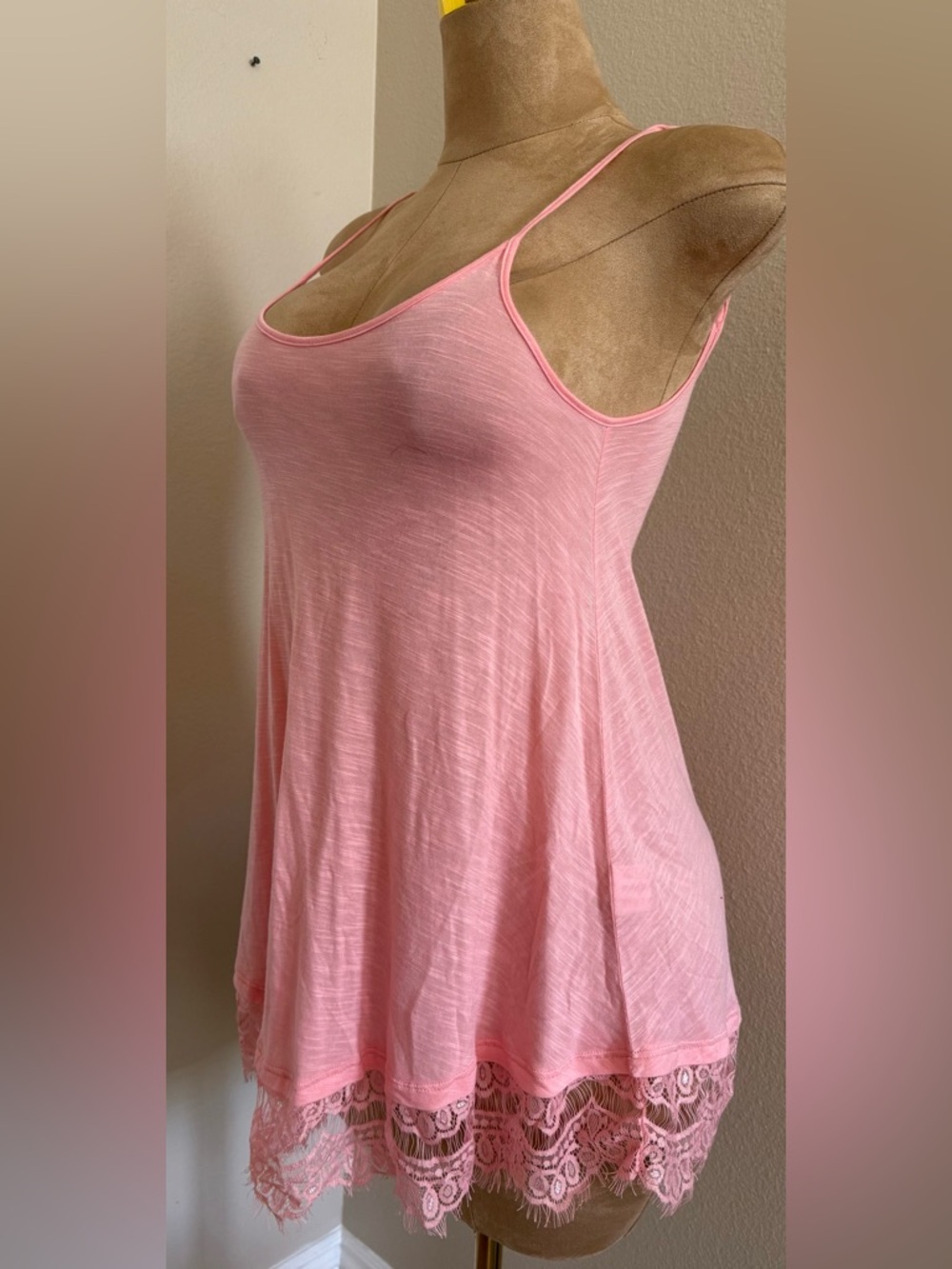 Coral peach Lace Hem Spaghetti Strap Tank Tunic top